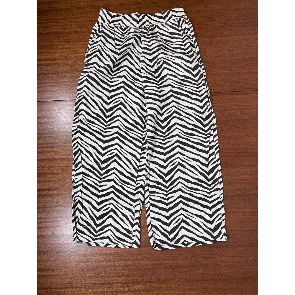 Tahari Womens Zebra Print Linen Pants Wide‎ Leg High Waist Casual Trousers M/L